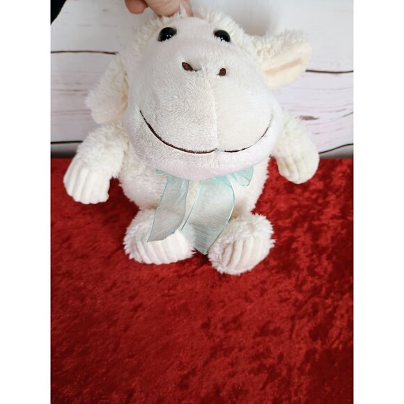 MTY Soft Plush White Lamb Toy With Blue Bow For Ages 3+ Made Of Polyester Fiber - Picture 5 of 6